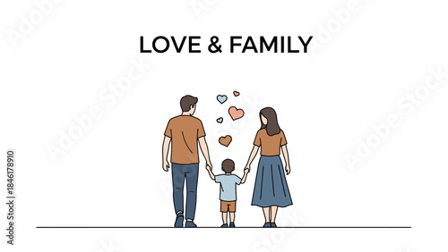 Happy family with one child holding hands walking together illustration.