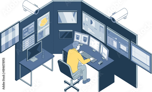 Isometric security monitoring control room with analyst, surveillance cameras, data dashboards, cyber security operations center,