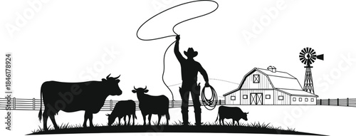 Cowboy Lassoing Cattle on a Ranch with Barn and Windmill at Sunset Keywords: cowboy, ranch