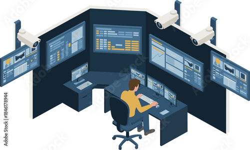 Isometric security monitoring control room with analyst, surveillance cameras, data dashboards, cyber security operations center,