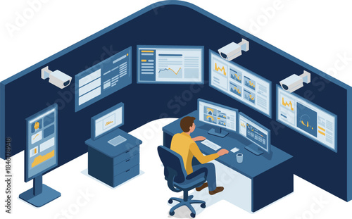 Isometric security monitoring control room with analyst, surveillance cameras, data dashboards, cyber security operations center,