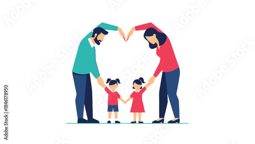 Illustration of a nuclear family (father, mother, and two daughters) creating a large heart shape with their hands, symbolizing love, protection, and family unity.