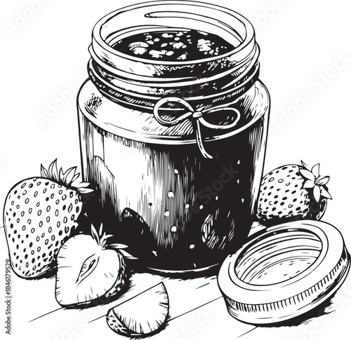 Strawberry Jam in Jar Hand-drawn Sketch Drawing Vector Illustration, Line Linear Symbol Engraving Coloring Book, Black and White Isolated