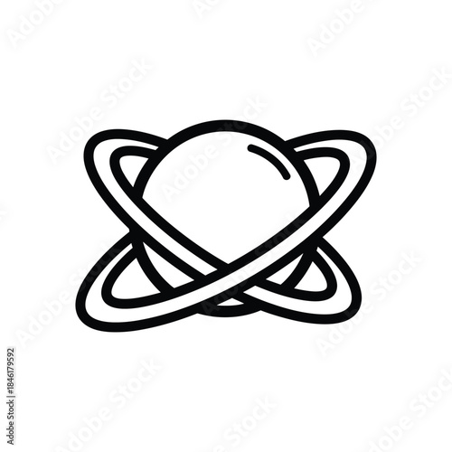 Simple black line drawing of a planet with rings in space
