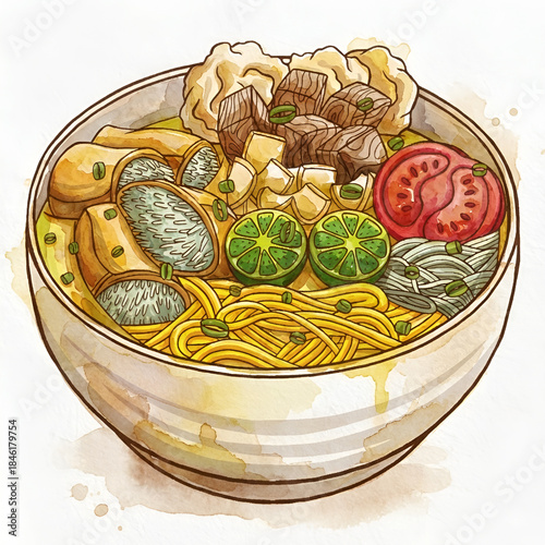 bakso malang watercolor style illustration
