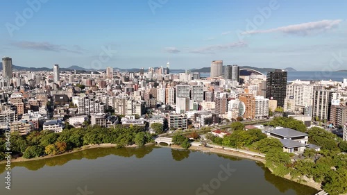 Fukuoka City, Kyushu, Japan – 4K Aerial Drone Footage of City Skyline, CBD, Ohori Park, Maizuru Park, Urban Lakes, Autumn Trees, Harbour, Port Area, Modern High-Rise Architecture, Houses and Apartment