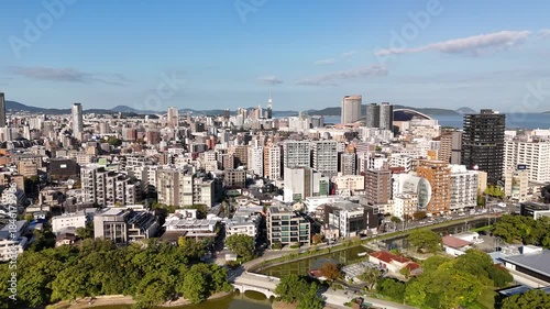 Fukuoka City, Kyushu, Japan – 4K Aerial Drone Footage of City Skyline, CBD, Ohori Park, Maizuru Park, Urban Lakes, Autumn Trees, Harbour, Port Area, Modern High-Rise Architecture, Houses and Apartment