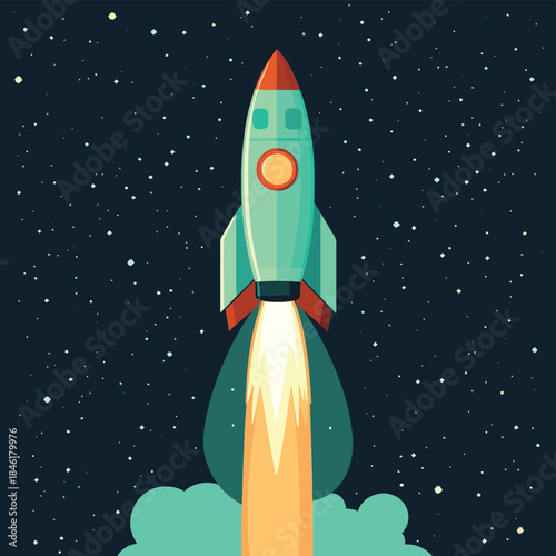Cartoon blue space rocket. Flat vector illustration. , vector style simple color