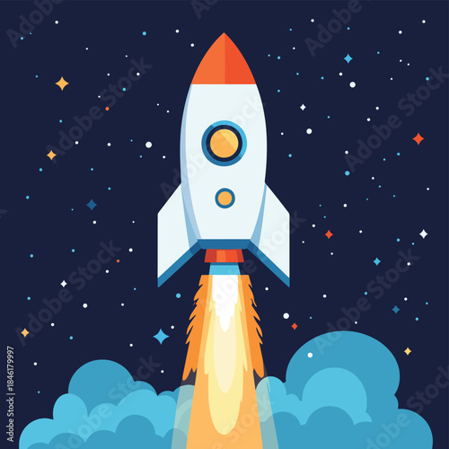 Cartoon blue space rocket. Flat vector illustration. , vector style simple color
