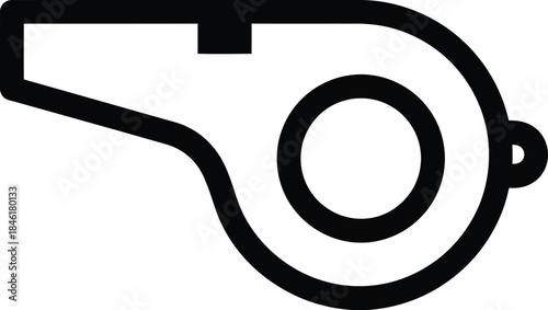 Isolated graphic icon of a black and white whistle, representing sports, refereeing, coaching, and signaling commands in games and competitions.