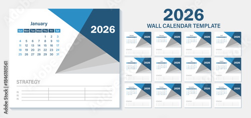 Minimal calendar template design 2026. Week starts on Sunday. Place for notes. Modern trendy calendar for desktop design calendar planner.