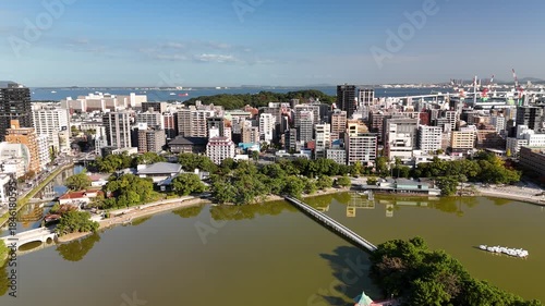 Fukuoka City, Kyushu, Japan – 4K Aerial Drone Footage of City Skyline, CBD, Ohori Park, Maizuru Park, Urban Lakes, Autumn Trees, Harbour, Port Area, Modern High-Rise Architecture, Houses and Apartment