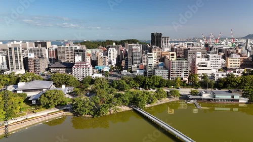 Fukuoka City, Kyushu, Japan – 4K Aerial Drone Footage of City Skyline, CBD, Ohori Park, Maizuru Park, Urban Lakes, Autumn Trees, Harbour, Port Area, Modern High-Rise Architecture, Houses and Apartment