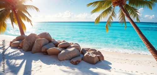 Fototapeta Naklejka Na Ścianę i Meble -  Pristine white sand beach bathed in warm sunlight, with crystal clear turquoise ocean water gently lapping at the shore under swaying palm trees ,  peaceful,  sunny