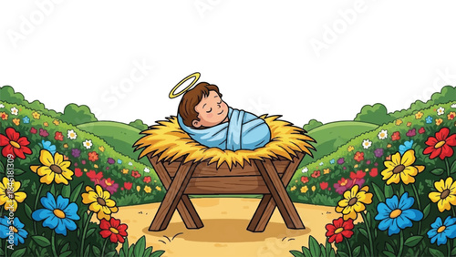 Baby Jesus in a manger. Swaddled infant with halo. Christmas nativity scene. Cartoon illustration. Green hills and colorful flowers background. Vector graphic. Religious symbol. Biblical