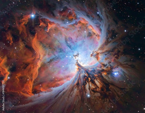 Vast celestial cloud of gas and dust radiating light and color