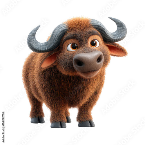 Cute cartoon buffalo standing isolated on transparent background