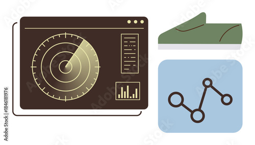 Radar interface with circular scan, green sneaker emphasizing activity, and simple data chart icon. Ideal for tracking, fitness, technology, sports, analysis, monitoring simple flat metaphor