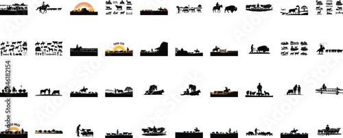 Western Ranch Scenes with Cowboys, Cattle, and Horses at Sunrise Keywords: cowboy, ranch, cattle