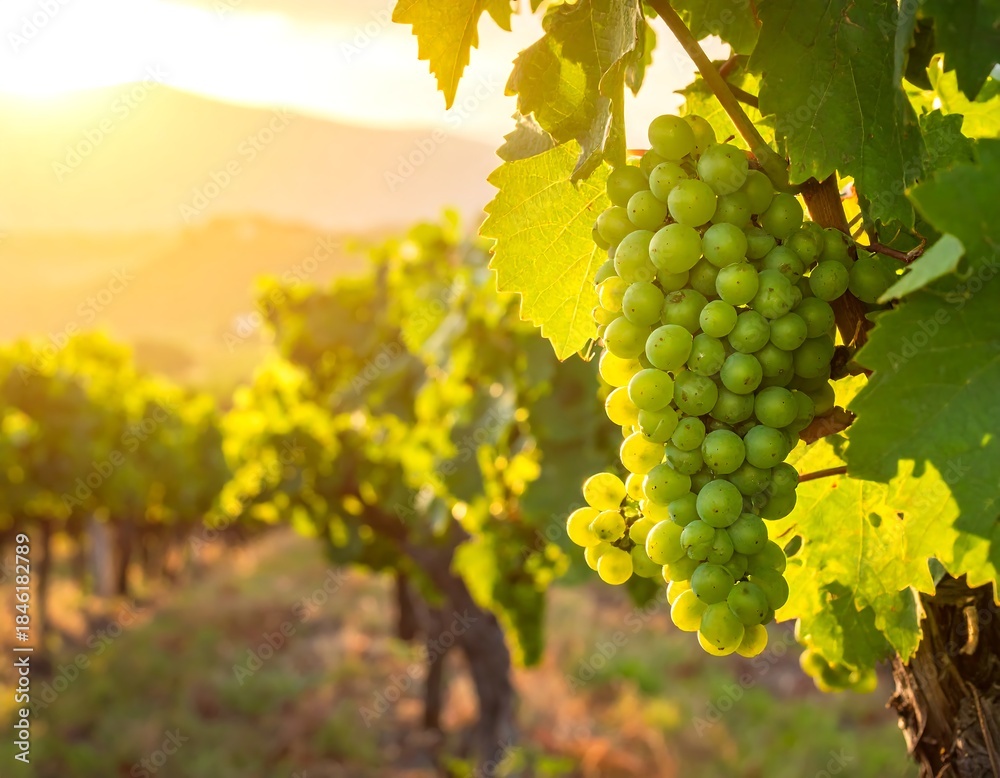 Naklejka premium Golden hour illuminates ripe green grapes in a vineyard, with rolling hills