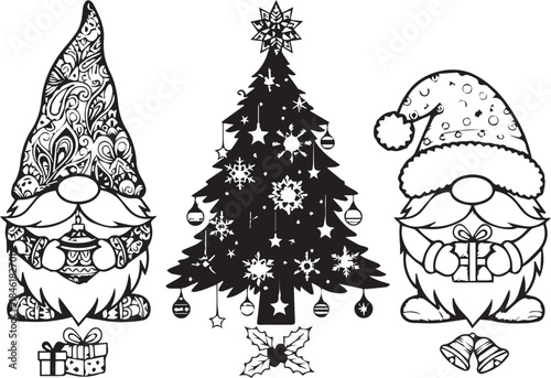 Black and white vector illustration of two gnomes with Christmas tree, ornaments, and wrapped gifts