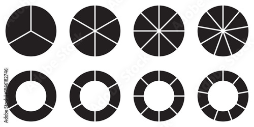 Pie chart circle segments infographic icons set in solid style for data, analytics and statistics design. Flat design isolated. Vector illustration.