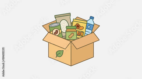 Cardboard box filled with assorted groceries and food items for donation vector illustration