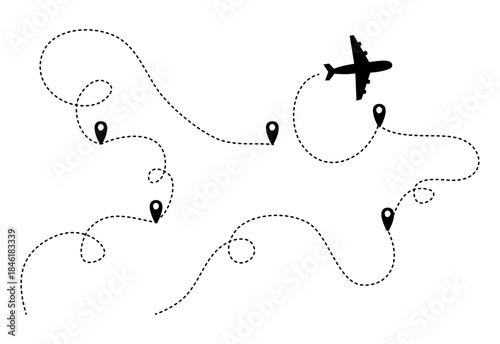 Airplane route with dotted flight path. Flying plane symbol with twisted, curved, straight and heart shape dashed trace path.