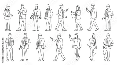 Black-and-white line art of 18 casual male poses using smartphones—standing, walking, interacting—ideal for behavioral studies, animation, UX design, and ergonomic reference in tech-focused visuals.
