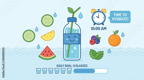 Hydration Tracker with Water Bottle Fruits and Time Reminder for Drinking Water healthy lifestyle