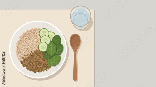 Healthy Meal of Rice Lentils and Greens with a Glass of Water vector illustration