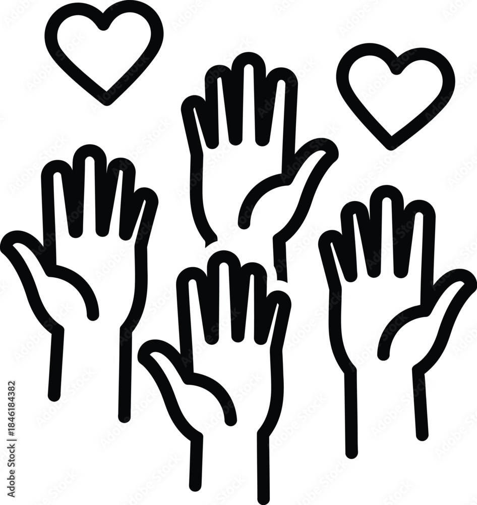 Obraz premium Diverse group of raised hands with hearts above, symbolizing volunteering, charity, community support, and positive engagement in a clean line art style.