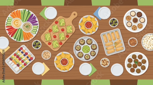 Overhead view of a wooden table laden with a variety of party snacks and dips food