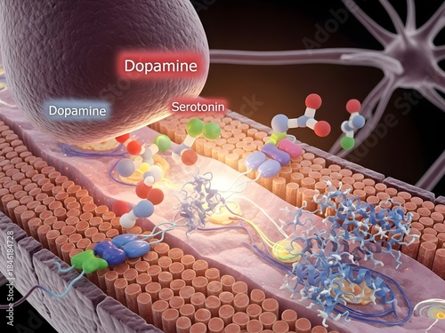 Ultra-detailed 3D illustration showing the interaction of neurotransmitters like dopamine and serotonin with their respective receptors on the neuron surface. Depiction of neurotransmitter binding to 