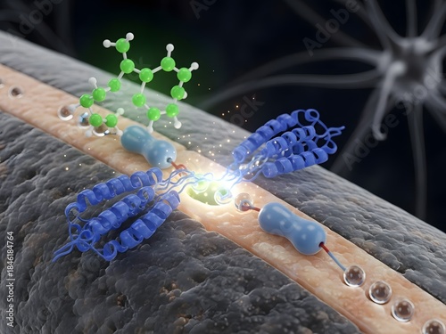 Ultra-detailed 3D illustration showing the interaction of neurotransmitters like dopamine and serotonin with their respective receptors on the neuron surface. Depiction of neurotransmitter binding to 