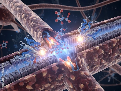 Detailed 3D illustration of neurotransmitters such as acetylcholine and glutamate binding to receptors on the surface of neurons. The interaction triggers a response within the neuron. Glowing recepto