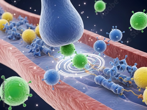 3D illustration of neurotransmitters like dopamine, GABA, and norepinephrine interacting with specific receptors at the synapse. The neurotransmitter binds to receptor sites, triggering a cascade of c