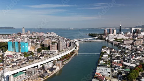 Muromi River, Fukuoka City, Japan – Stunning 4K Aerial Drone Footage of River, Bridges, City Skyline, Residential Districts, Coastal Bay, Modern Urban Landscape, Houses and Estates