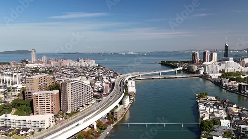 Muromi River, Fukuoka City, Japan – Stunning 4K Aerial Drone Footage of River, Bridges, City Skyline, Residential Districts, Coastal Bay, Modern Urban Landscape, Houses and Estates