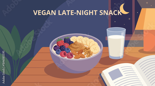 Vegan Late- Night Snack Bowl with Berries, Nuts, and Banana Slices late-night snack food