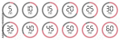 Countdown timer icons from 5 to 60 minutes. Circular red and black progress bars. Perfect for apps, UI design, fitness timers, reminders, schedules, and digital time displays.