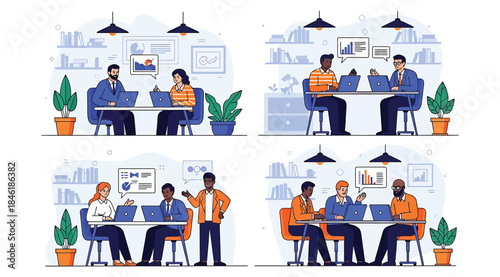 Composite illustration of four office scenes showing professionals in meetings, presentations, and collaborative discussions—ideal for teamwork, communication, and modern workplace visuals.
