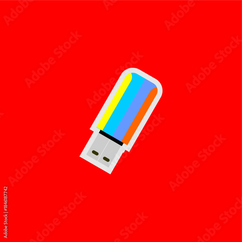 Flash disk icon illustration. Vector illustration of colorful flash disk symbol. Flash disk with shadow isolated on red background. flash disk vector icon design.	