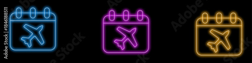 Glowing neon Travel planning calendar and airplane icon. travel booking and departure dates symbol. vector illustration.
