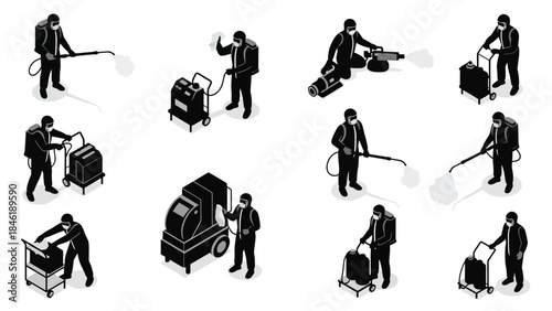 Isometric illustration of workers in hazmat suits disinfecting various spaces