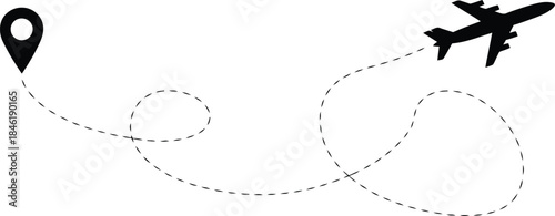 Airplane flying to destination with curved flight path