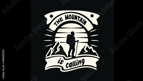 The mountain is calling - silhouette of a hiker with a backpack and trekking poles against a backdrop of mountains and a rising sun