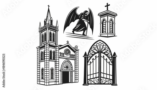 Illustrations of gothic architecture, cemetery gate, church, and a grim reaper figure