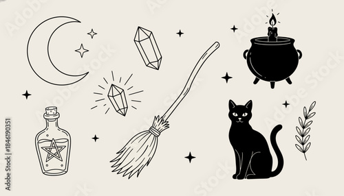 Mystical Halloween Elements Witch's Broom, Black Cat, Cauldron, Moon, and Crystals