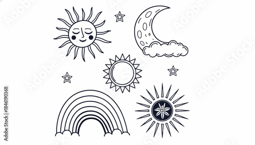 Celestial collection of celestial icons including a sun, rainbow, moon, clouds, and stars for design elements